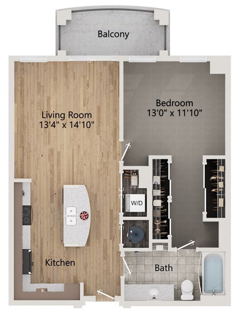 A floor plan of a small apartment with a living room, kitchen, bathroom, and bedroom.